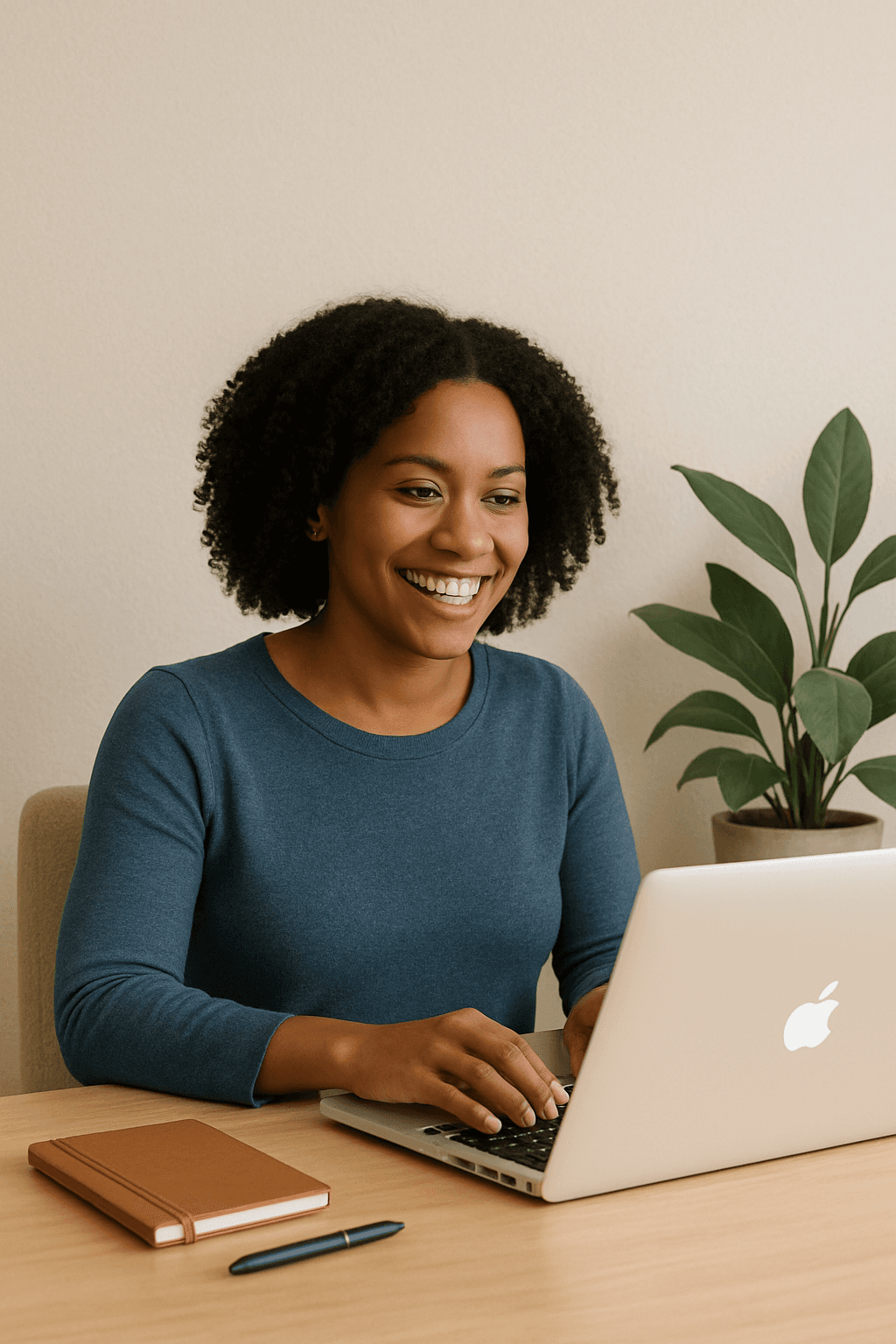 Happy successful solopreneur working on laptop in modern workspace